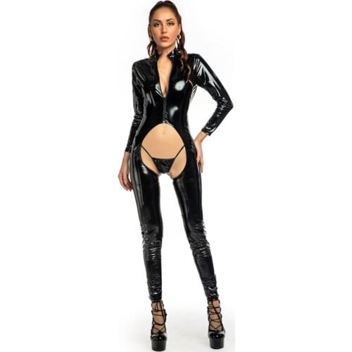 Wet Look PVC Catsuit Long Sleeve Open Crotch Bodysuit Shiny PU Leather Crotchless Jumpsuit Hot Sexy Night Clubwear Teddies Body
