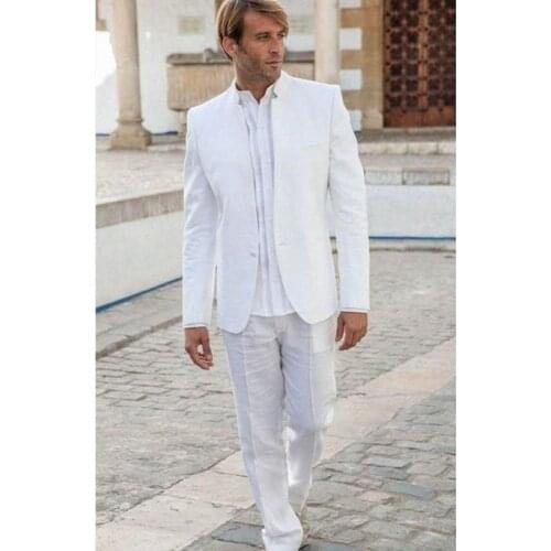 Latest Coat Pant Designs White Men Suit Stand Collar Simple Tuxedos Vintage Mens Suits For Wedding Slim Summer (Jacket+pants)
