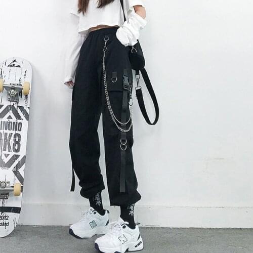 New Autumn Winter Women Cargo Pants Fashion Tide Punk Pockets Jogger Trousers With Chain Casual Harajuku streetwear Harem Pants