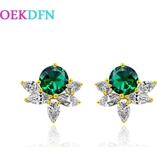 OEKDFN 100% 925 Sterling Silver Stud Earrings Cut Emerald Gemstone Diamonds Plant Ear Studs Women Fine Jewelry Gift Wholesale