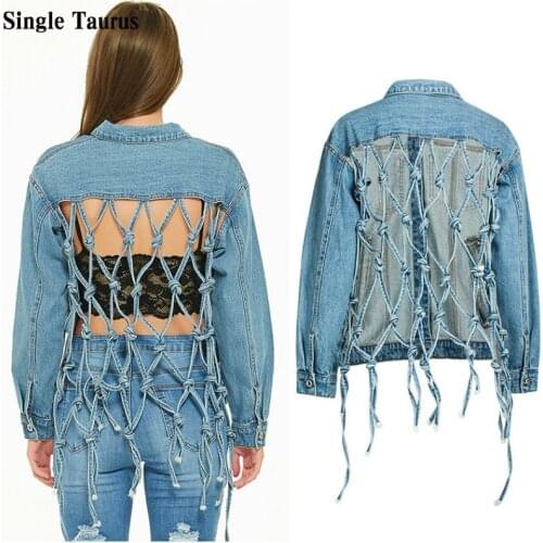 Backless Hollow Out Boyfriend Female Jeans Jackets Long Sleeve Streetwear Loose Denim Coat Mesh Hollow Designer Jean Jacket 2020