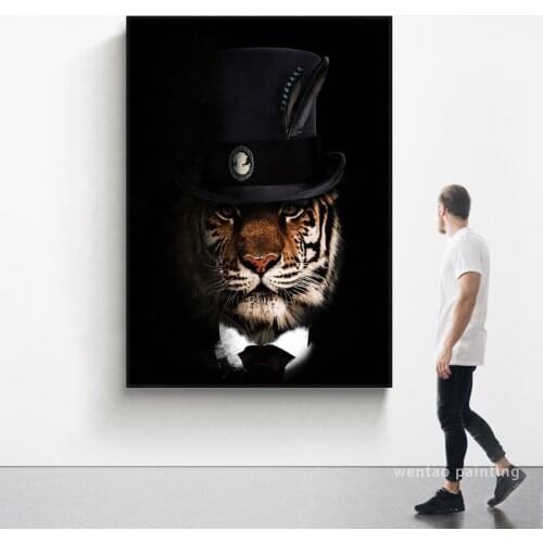 Poster Of Tiger Dressed In A Classic Clothing Style With Hat And Collar Canvas Painting Living Room Bedroom Decoration Painting