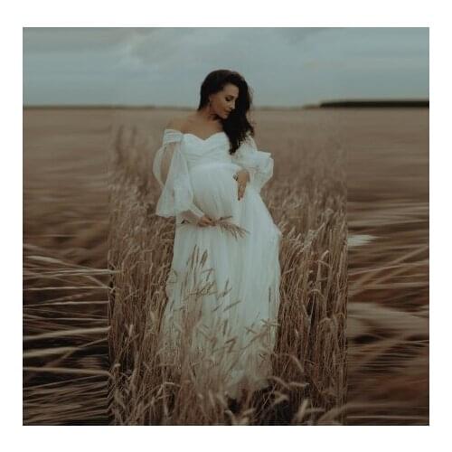 Pure White Puffy Long Sleeves Tulle Maternity Dresse Floor Length Cap Sleeve Sweetheart Pleated Plus Size Pregnancy Gown