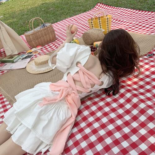 French Vintage Puff Sleeve Fairy Dress White Bandages Women Designer Mini Dress Korean One-piece Dress 2021 Summer Clothing
