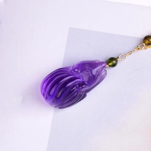 Purple Natural Crystal Pendants Hand Carved Nine Tails Fox Pendant Clavicle Chain Necklace Lucky for Women Girl Fashion Jewelry