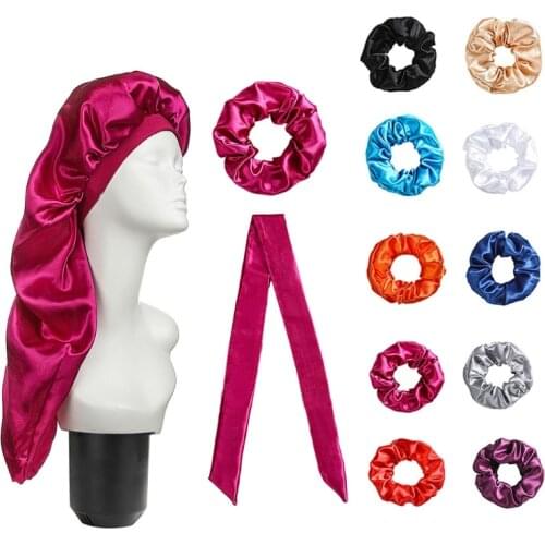Dirty Braid Hair Cap Hair Care Long Cap Headscarf Three-piece Wide-brimmed Home Hat Elastic Wide Edge Satin Bonnet