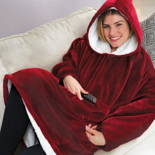 Microfiber Plush Coral Fleece Sherpa Blanket With Sleeves Super Soft Warm Outdoor Pocket Hoodie Adult Winter Hooded TV Blankets