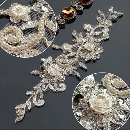 1 Pair 23*11 cm Beaded Wedding Veil Head Ornaments Lace Applique For Wedding Dresses Lace Trim Bridal DIY Lace Accessories PA055