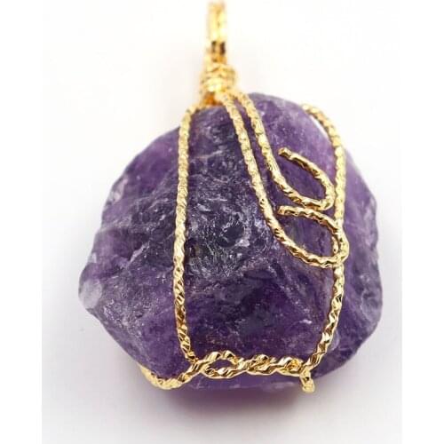 Light Yellow Gold Color Wire Wrap Irregular Shape Amethysts Stone Pendant Smoky Quartzs Jewelry
