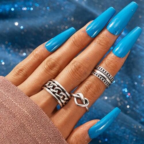Tocona 3pcs/sets Bohemian Heart Joint Ring Sets for Women Charming Hollow Geometric Chain Ancient Silver Color Jewelry 17724