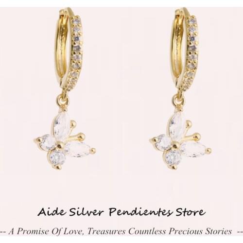 AIDE Gold Round Hoops Earrings For Women 925 Sterling Silver Diamond Pendant Butterfly Earrings Jewelry Party Gifts Oorbellen