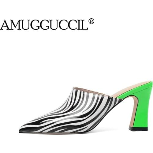 2021 New Plus Big size 34-43 White Apricot Brown Fashion Sexy High Heel Lady Women Mules Shoes Summer Pumps Slippers D1360