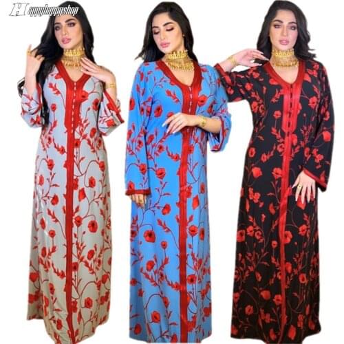 Muslim Kaftan Abaya Dress Women Dubai Loose Gown African Print Floral Boho Dresses Turkish Islamic Clothing Ramadan Vestidos