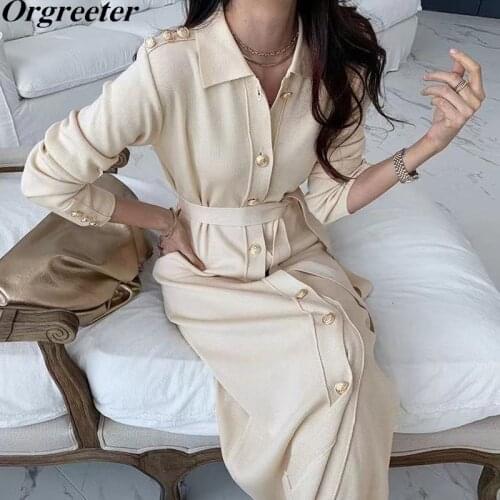 Fall New Knitted Cardigan Dresses for Women Robes Mujer Elegant OL Lapel Long Sleeve Single-breasted Sashes Sweater Shirt Dress