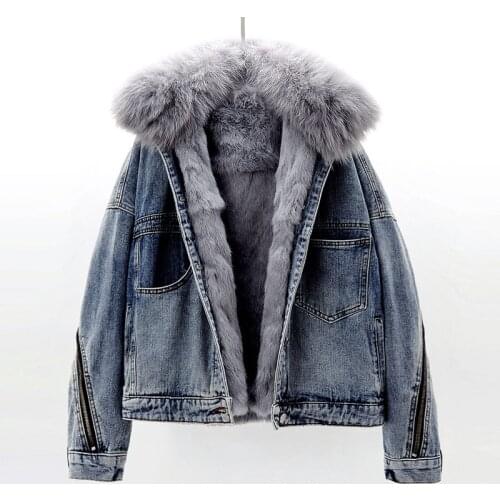 Winter Thick Warm Removable Fox Fur Collar Rabbit Fur Liner Denim Jackets Women Loose Short Back Zipper Jeans Jacket Coat Female