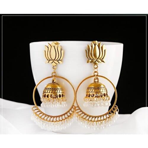 2021 Retro Indian Gold Color Lotus Flower Pearl Tassel Earrings Gypsy Boho Ethnic Dangle Earrings For Women Jewelry Gifts