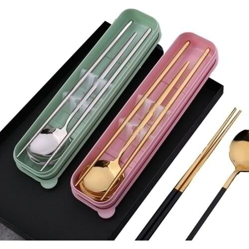 3pcs/set Dinnerware Portable Gold Chopsticks Fork Spoon Sushi Stainless Steel Chinese Metal Food Sticks Gadget Tableware