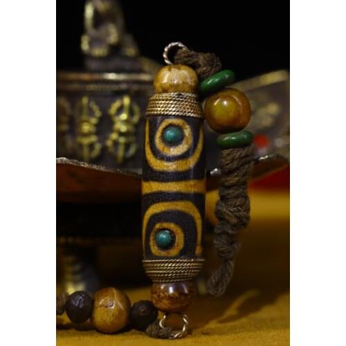 3"Tibet temple Old Natural agate Filigree mosaic Gem Dzi Bead Nine Eyes amulet Pendant Town House Exorcism Ward off evil spirits