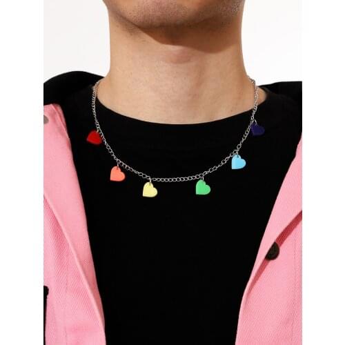 Rainbow Multi Color Heart Chain Pendant Necklace for Men Punk Kpop Unisex Couple Gay Cool Gift Y2K Fashion Jewelry Free Shipping