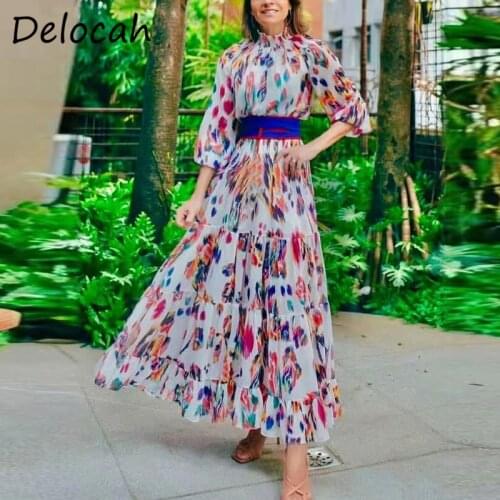 Delocah New 2021 Summer Women Fashion Designer Party Holiday Long Dress Lantern Sleeve Sashes Print Loose Ladies Dress Vestidos