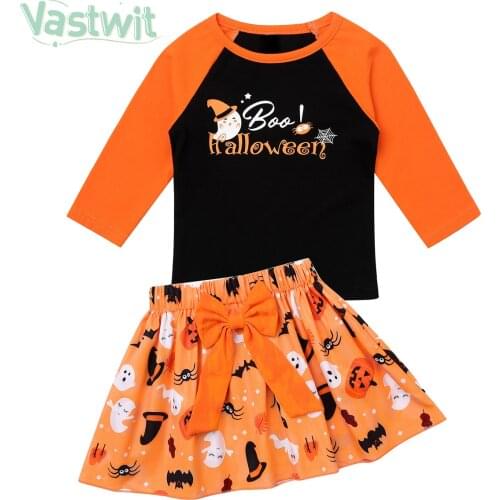 Baby Spring Summer Outfit Orange Halloween Costume Long Sleeves Top+Ghost Print Skirt Suits for Toddler Girl 12Months to 5Years
