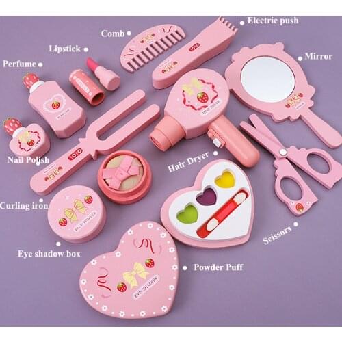 Childrens Simulation Play-House Girl Cosmetic Bag Toy Set Makeup Jewelry Box Wooden Kids Haircut Bag Little Princess Gift