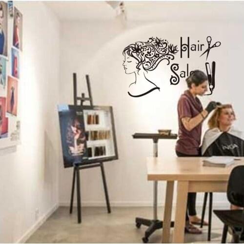 Home Decoration Beauty Girl Curls Scissors Curly sticks Grooming Salon Art Wall Decal Barber Shop Decor Vinyl Sticker B028