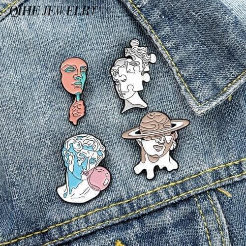 Statue Enamel Pin Colossal Hellenistic Statues Lapel Pin Roman Sculpture With Mirror Puzzle Bubblegum Planet Brooch Spoof Design