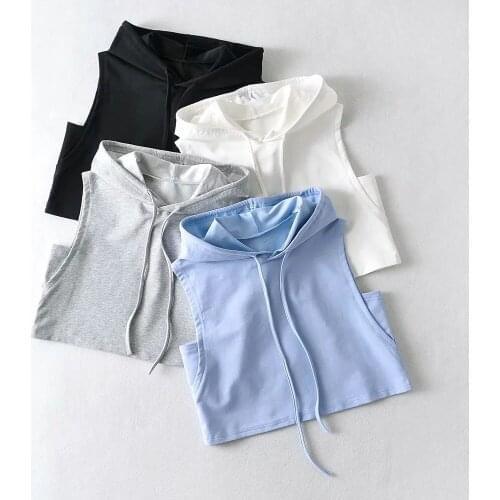 Girls Summer Sexy Hooded Fitness T Shirt Women Drawstring Loose Sports Running T-shirt Casual Sleeveless Hip-hop Short Tee Shirt