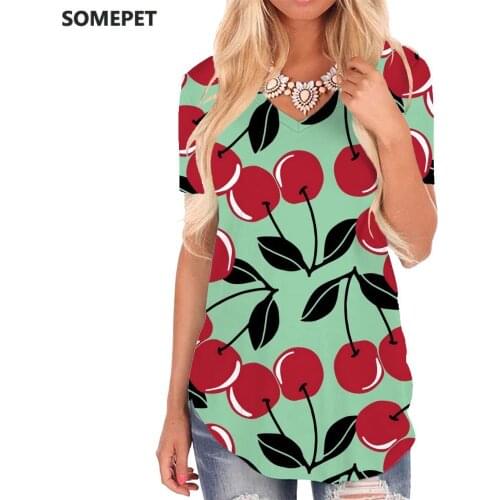 SOMEPET Fruit T Shirt Women Cherry Tshirts Printed Harajuku T-shirts 3d Novel V-neck Tshirt Womens Clothing Fashion Casual Tops