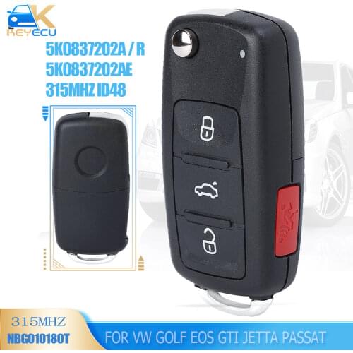 KEYECU Replacement Remote Key 315MHz ID48 for Volkswagen GTI Jetta Eos Golf 2011-2016 P/N: NBG010180T, 5K0837202A, 5K0837202AE