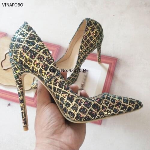 Classic Sequined Cloth Shallow Women Pumps 2018 New Womens Fashion Crystal Pointed sexy 12cm Sexy Wedding shoes party Women