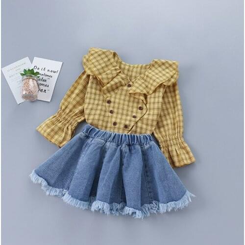 2-7 years high quality girl clothing set 2020 new autumn fashion yellow green plaid shirt + denim skirt kid children clothing