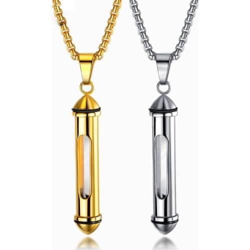 Gold Silver Color Glass Cylindrical Pendant Open Ashes Mens Necklace Cremation Urn Stainless Steel Necklaces Jewelry
