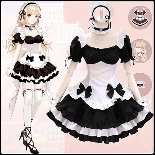7 Piece Set French Maid Outfit Lolita Cosplay Dresses Girls Amine Cute Waitress Cafe Woman Dress Sissy Maid Costumes Uniform