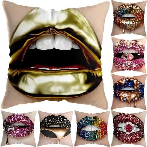 Sex Lips Diamond Modern Painting Pillow Covers Nordic Pink Gold Lips Cushion Cover Home Decoration Pillow Covers