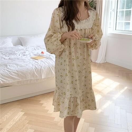 Yellow Flower Print Nightgown Long Nightdress Ruffles Lace Patchwork Sleepwear Cotton Homewear Loose Casual Spring Home Clothes