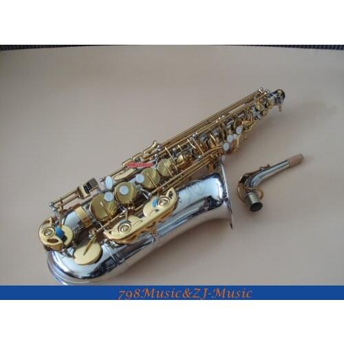 Nickel Plated Body and Gold Lacquer Alto Saxophone sax Eb High F# Saxofon New Case