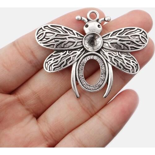 4PCS 16x12mm Oval Blank Cabochon Tray Settings Antique Large Honeybee Insect Charms Pendants for Necklace Findings