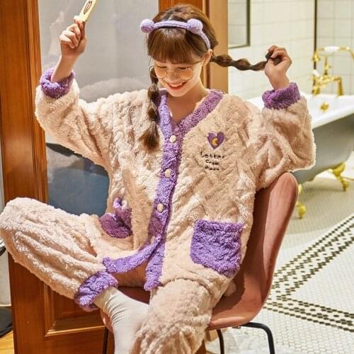 Coral Velvet Pajamas Female Autumn/winter Cute Plus Velvet Thickening Plush Sweet And Warm Home Clothing Tops Long Pants 2pc Set