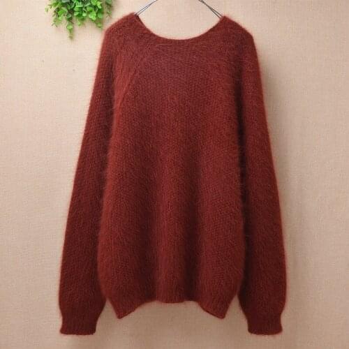 Heavy thick female women clothing hairy angora rabbit hair knitted long sleeves loose pullover mink cashmere jumper sweater pull
