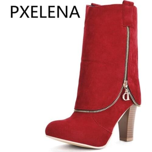 PXELENA Hot Plus Size 34-43 Women Mid Calf Boots Square High Heels Round Toe Zipper Fashion Short Riding Boots 2018 Autumn Red