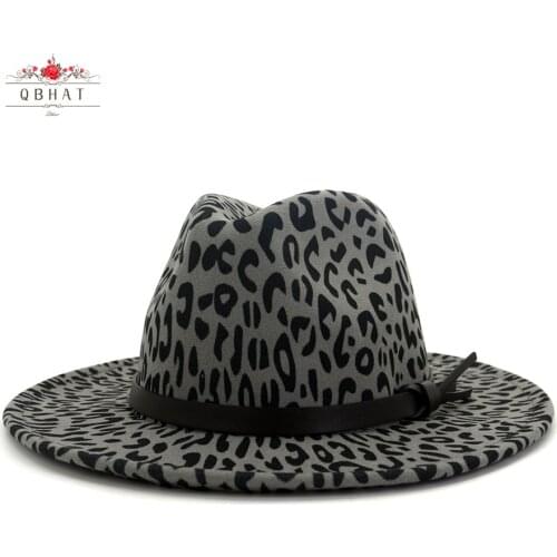 QBHAT Women Men Wide Brim Fashion Leopard Print Jazz Cap Panama Vintage Winter Felt Fedora Wool Trilby Cap Party Wedding Hat