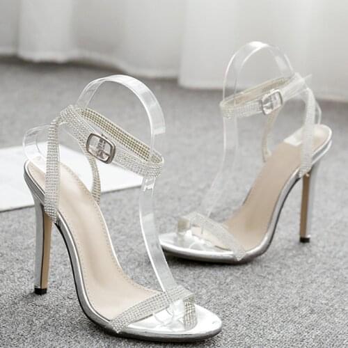 Adult Women Sandals Rhinestone Crystal Pumps Buckle Strap Thin Heels Round Toe Summer Front Rear Strap Heels Fashion