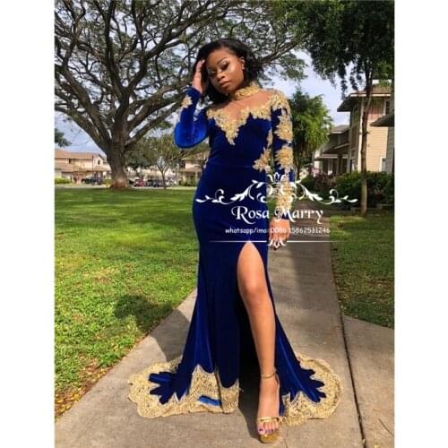 Sexy Royal Blue Velvet Mermaid Prom Dresses 2020 Gold Lace Plus Size Long Sleeves High Split African Girl 2K20 Formal Party Gown