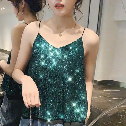 Sexy Backless Women Camisoles Shining Sequins Sleeveless Tanks Sweet Sling Strap Off Shoulder Summer Top