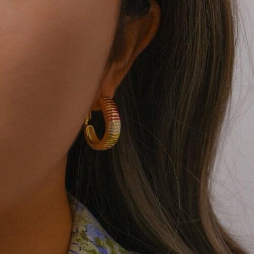 Anti-Dropping New Bold Texture Engraved Stripe Enamel Colorful Chunky Earrings Gold Plated Stainless Steel Statement Earring