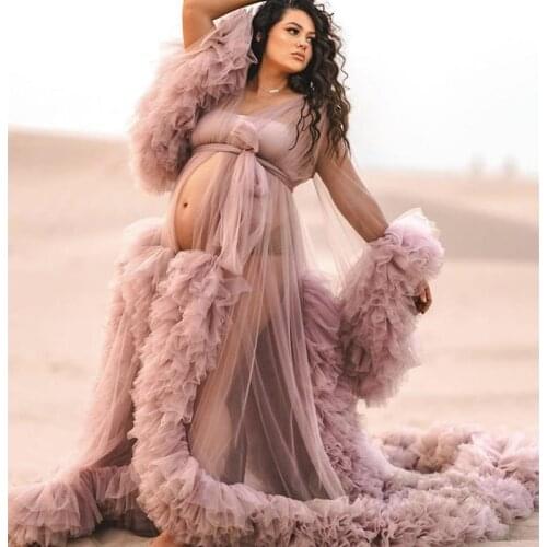 Light Purple Maternity Dresses Ruffled Maternity Gown for Photoshoot Boudoir Lingerie Tulle Bathrobe Nightwear Babydoll Robe