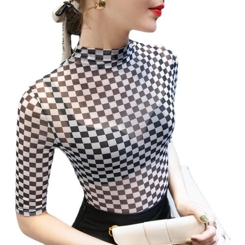 Half-sleeved Top 2021 Autumn Early New Mid-neck Mesh Yarn Bottom Shirt Plaid Print Small High-neck European Goods Top