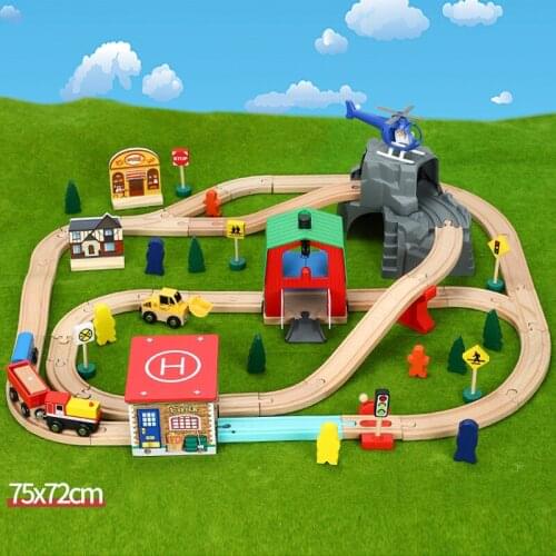 Helipad transport cave train wooden track set childrens rail car toy compatible with wooden train tracks and electric trains